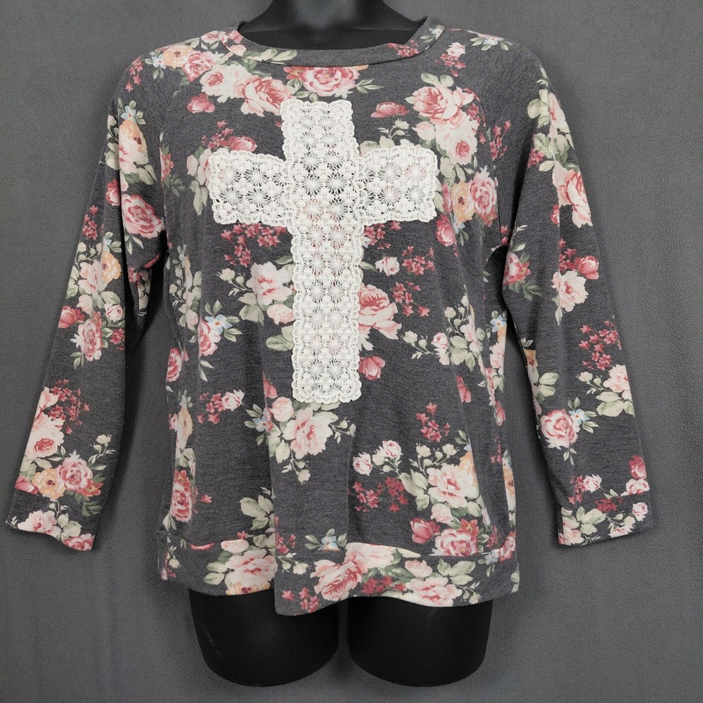 Long Sleeve Floral Lace Cross Raglan Top‎ Gray Pink XL Sweatshirt Crewneck Hobo